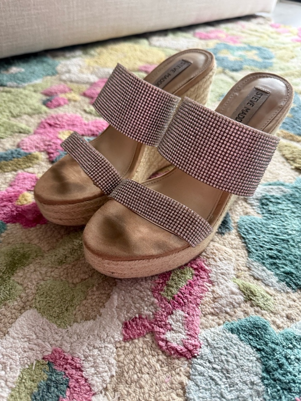 Steve Madden Blush Rhinestone Double-Strap Espadrille Wedges